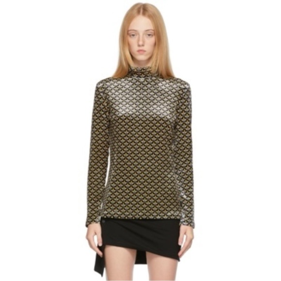 Paco Rabanne Navy Blue Yellow Velvet Velour Printed Turtleneck Mock Neck Top - Picture 12 of 13